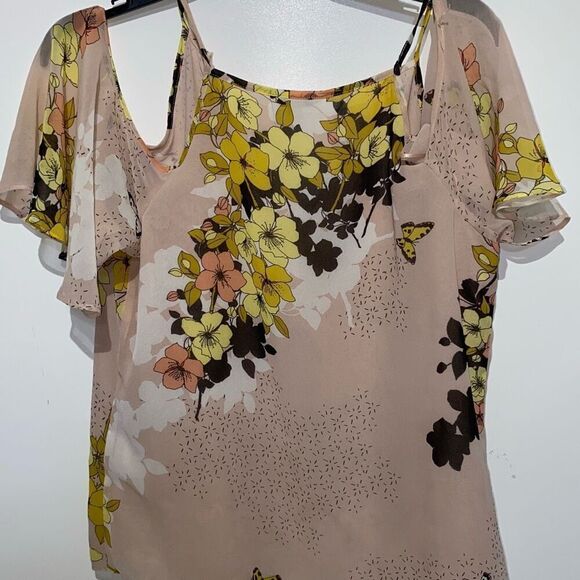 Guess Women's Multicolor Floral Cold Shoulder Sheer Sleeve V-Neck Blouse Medium - Picture 6 of 7